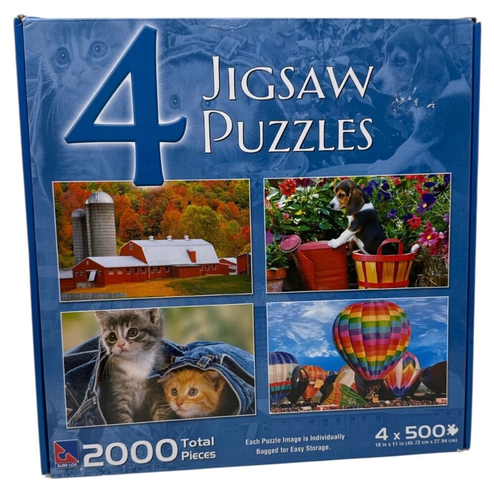 Jigsaw Puzzle box of 4 2000 Pieces Total dogs cats hot air balloon farm scenery